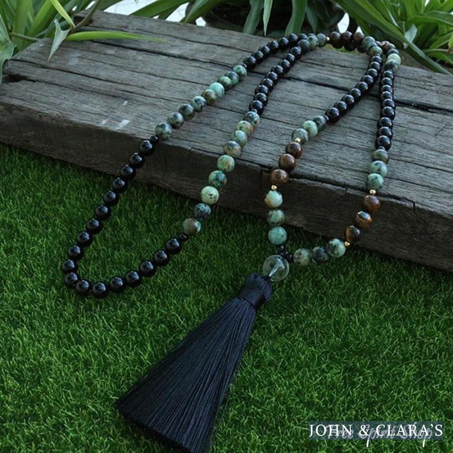 108 Natural African Turquoise & Black Onyx Mala Bead Necklace