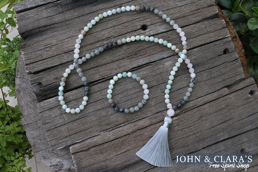 108 Natural Amazonite Labradorite Aquamarine & Rose Quartz Mala Necklace / Bracelet