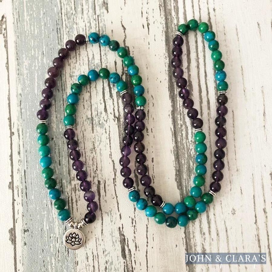 108 Natural Amethyst & Chrysocolla Mala Bead Bracelet