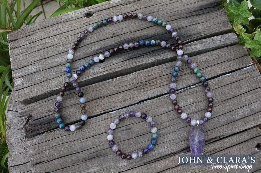 108 Natural Amethyst & Garnet Mala Bead Necklace / Bracelet