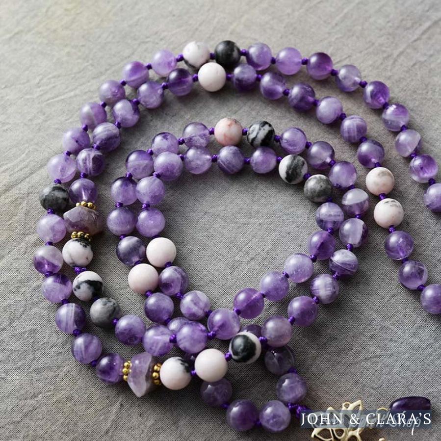 108 Natural Amethyst & Lotus Flower Charm Mala Bead Necklace
