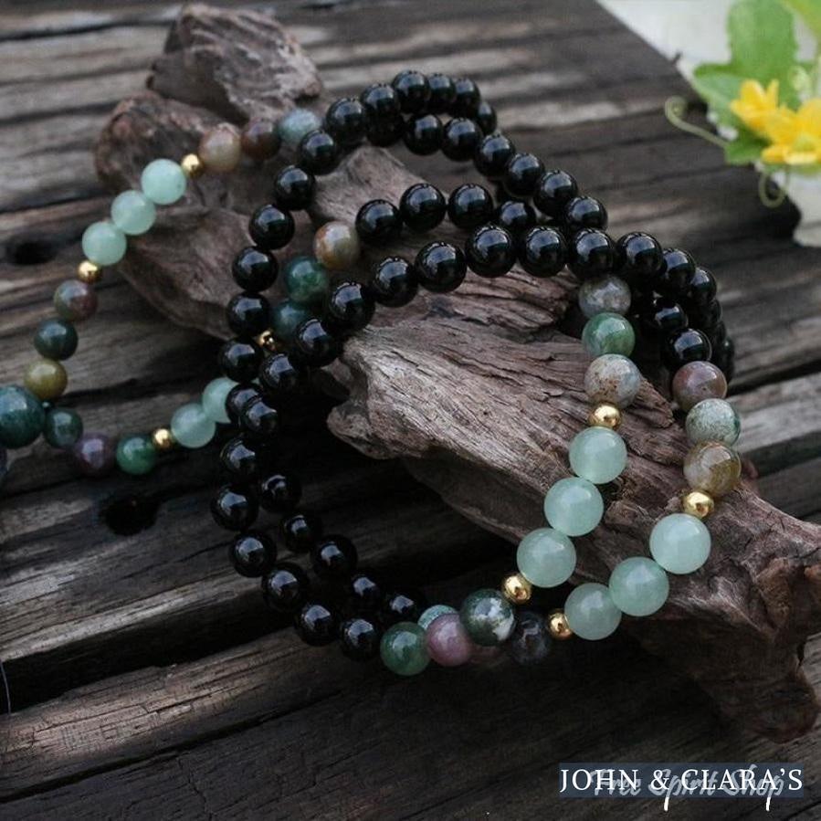 108 Natural Black Onyx, Indian Agate & Green Aventurine Gemstone Bead Mala Necklace