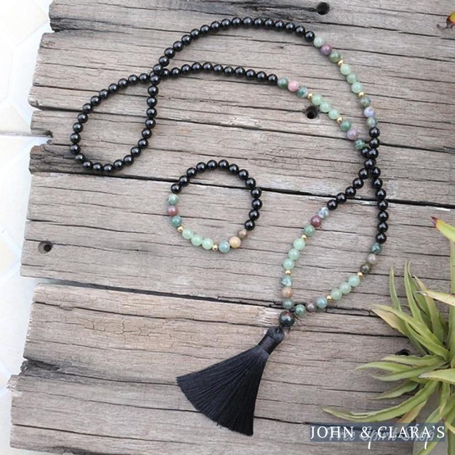108 Natural Black Onyx, Indian Agate & Green Aventurine Mala Bead Necklace / Bracelet