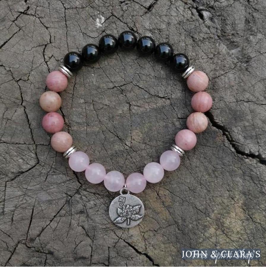 108 Natural Black Onyx Rhodonite & Rose Quartz Mala Beads