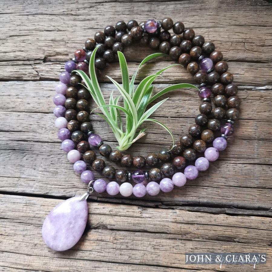 108 Natural Bronzite & Purple Lepidolite Mala Bead Necklace