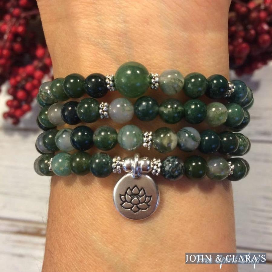 108 Natural Green Moss Agate Stone Mala Prayer Beads