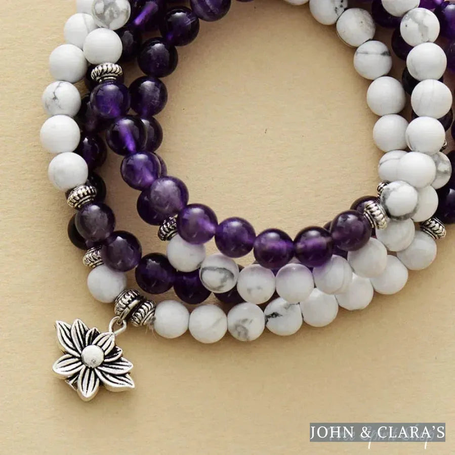 108 Natural Howlite & Amethyst Mala Bead Bracelet