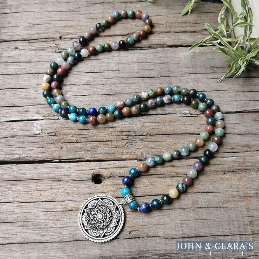 108 Natural Indian Onyx & Blue Apatite Mala Bead Necklace / Bracelet