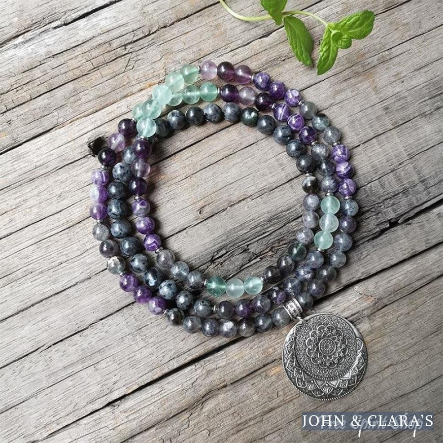 108 Natural Labradorite Fluorite & Amethyst Mala Bead Necklace / Bracelet