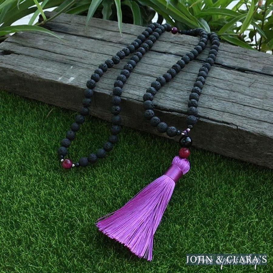 108 Natural Lava Stone & Pink Tiger Eye Mala Bead Necklace