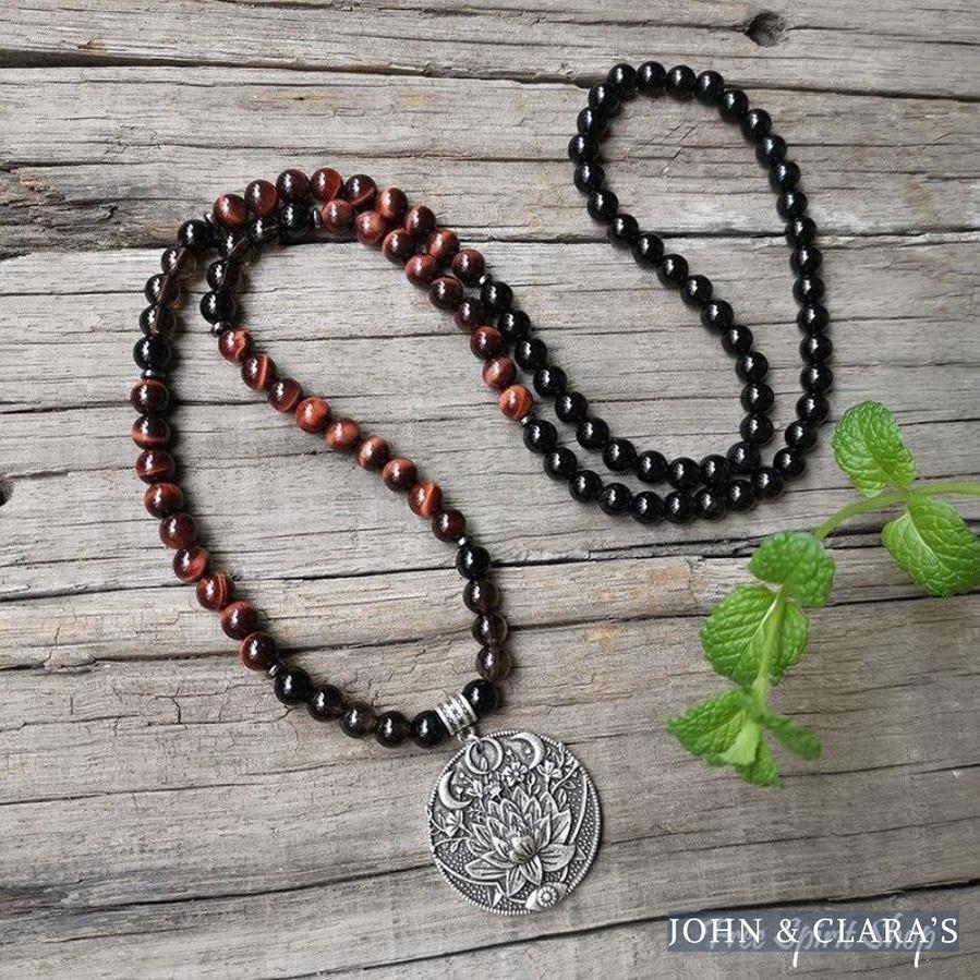 108 Natural Red Tiger Eye Black Onyx & Smoky Quartz Mala Beads