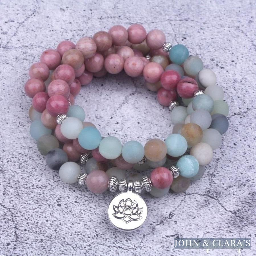 108 Natural Rhodonite and Matte Amazonite Mala Bead Bracelet