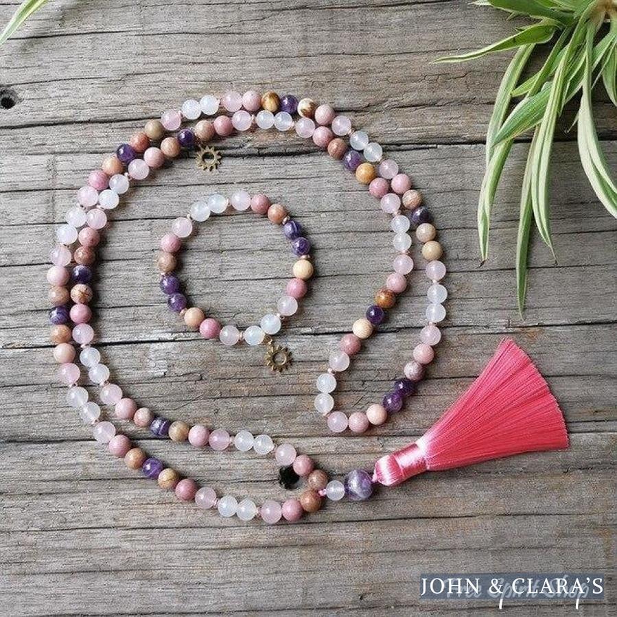 108 Natural Rhodonite Rose Quartz & Amethyst Moon Mala Beads