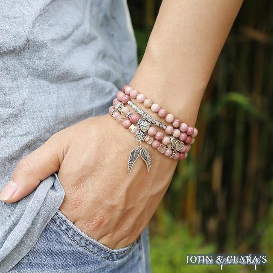 108 Natural Rhodonite & Spiritual Charms Mala Beads