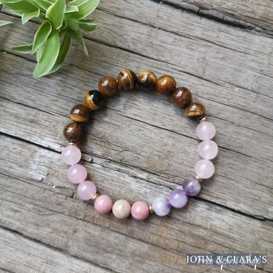 108 Natural Rose Quartz Tiger Eye Amethyst & Rhodonite Mala Bead Necklace