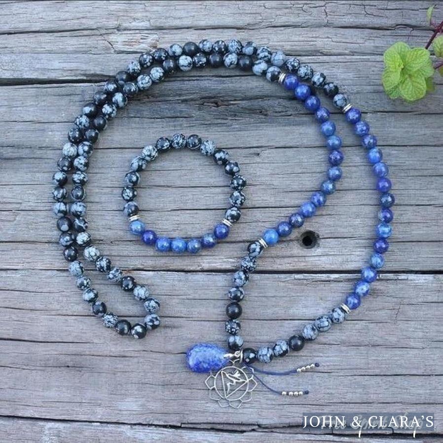 108 Natural Snowflake Obsidian & Lapis Lazuli Mala Prayer Beads necklace / bracelet