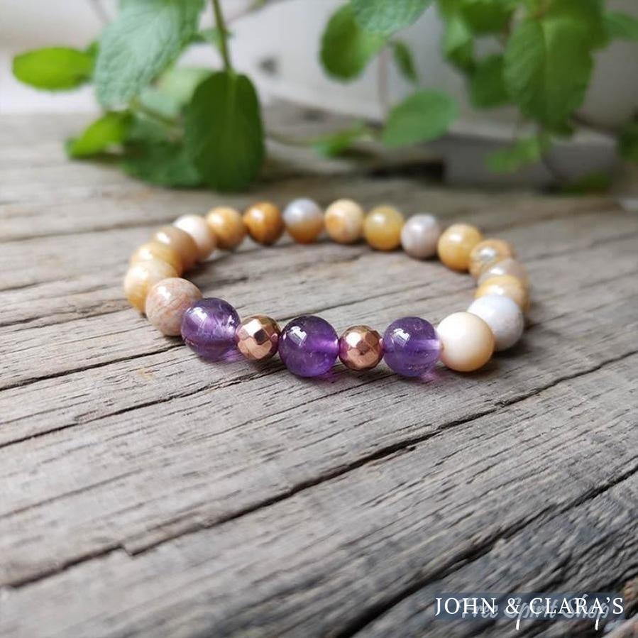 108 Natural Sunstone Amethyst & Purple Agate Mala Bead Necklace / Bracelet