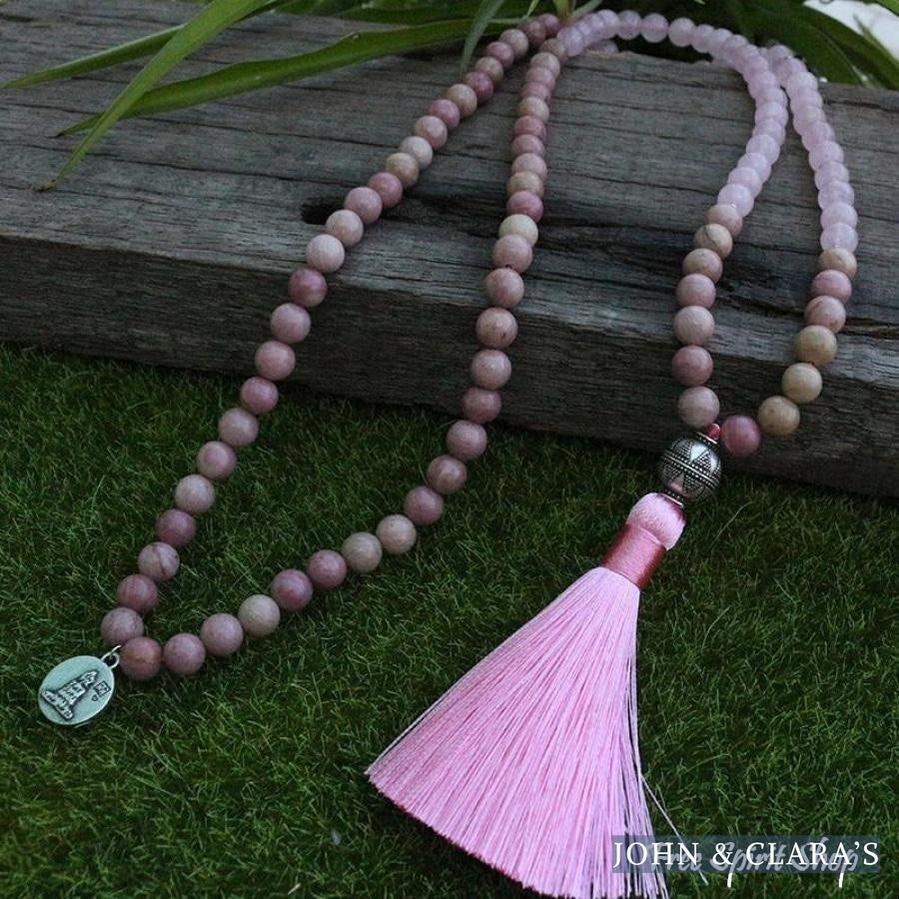 108 Rhodonite & Rose Quartz Mala Beads Necklace
