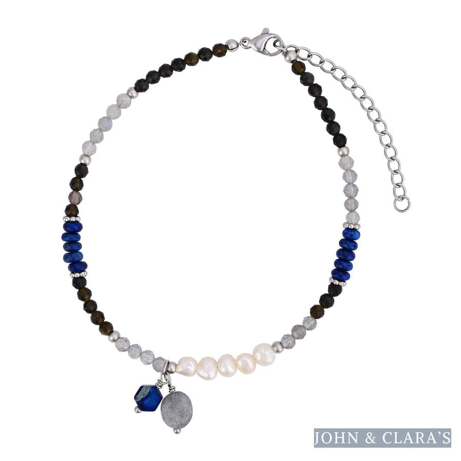 Natural Lapis Lazuli & Labradorite Beaded Anklet with Freshwater Pearls