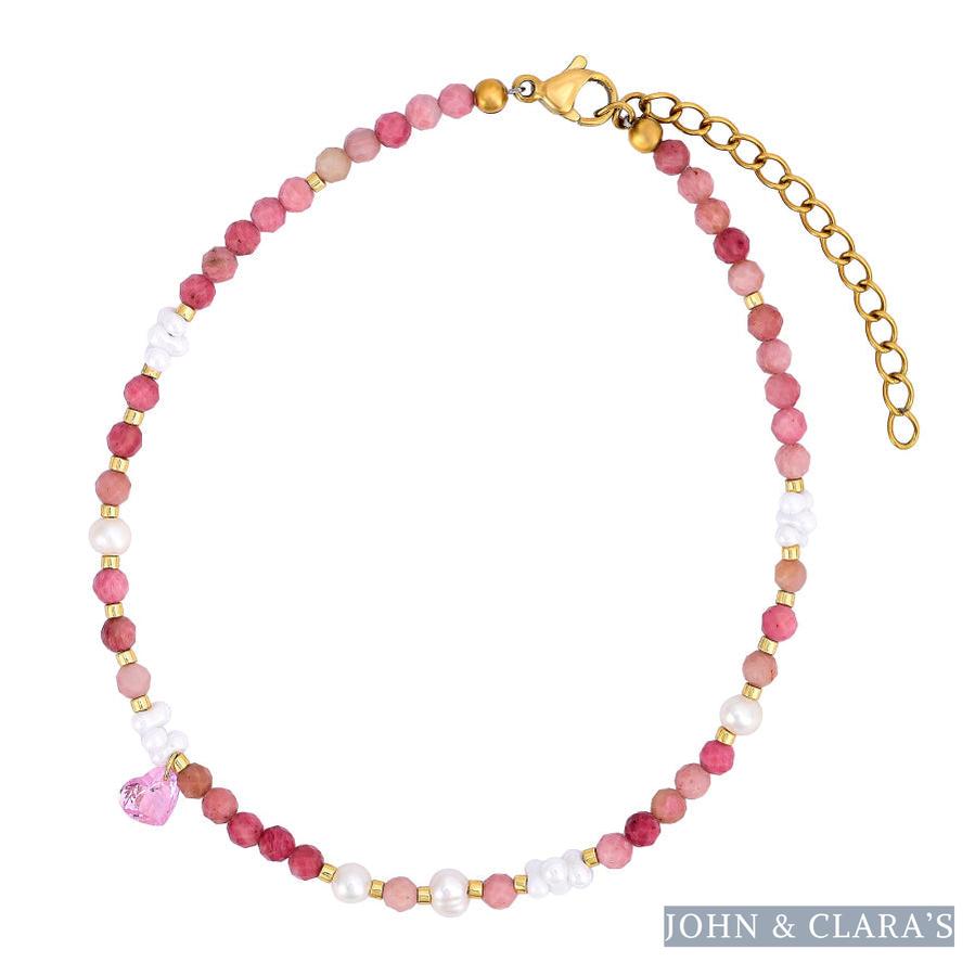 Natural Rhodonite & Pearl Beaded Anklet With Heart Crystal