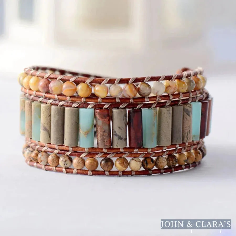 Natural Jasper & Sunflower Charm Leather Wrap Bracelet