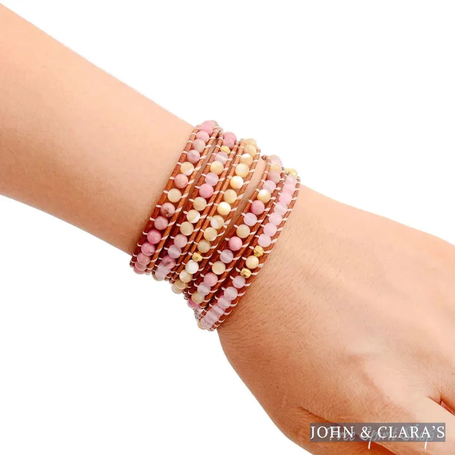 Natural Rose Quartz Yellow Onyx & Rhodonite Leather Wrap Bracelet