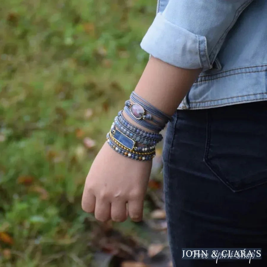 Handmade Natural Blue Topaz Sodalite & Howlite Gemstone Leather Wrap Bracelet