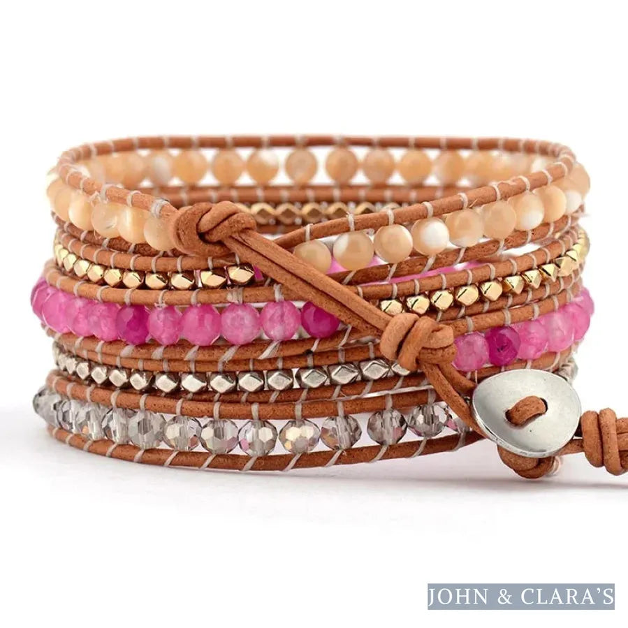 Natural Sunstone & Pink Bead Wrap Bracelet