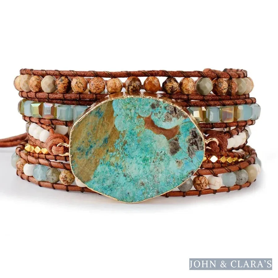 Handmade Natural Ocean Jasper Leather Wrap Bracelet