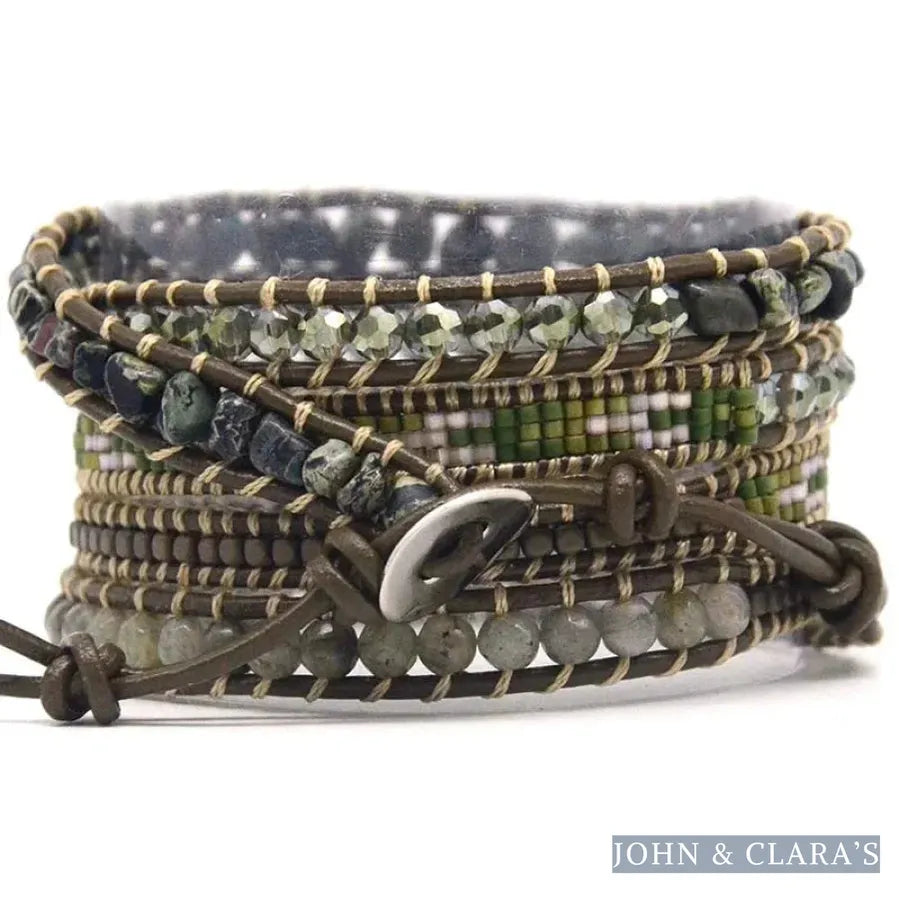 Handmade Natural Green Agate & Labradorite Gemstone Leather Wrap Bracelet