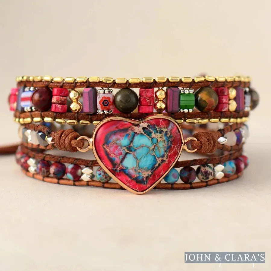 Handmade Mix Gemstone Red Heart Wrap Bracelet