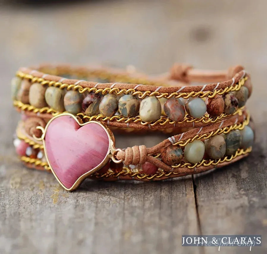 Natural Rhodonite & Jasper LOVE Wrap Bracelet