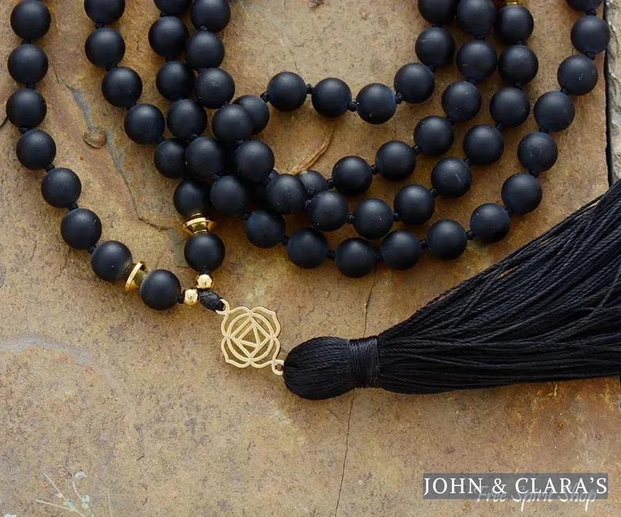 108 Natural Black Onyx & 7 Chakra Mala Bead Necklace