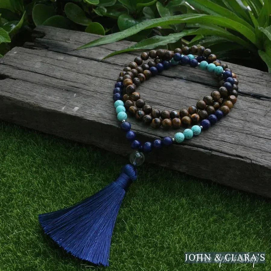108 Natural Tiger Eye & Lapis Lazuli Mala Beads Necklace
