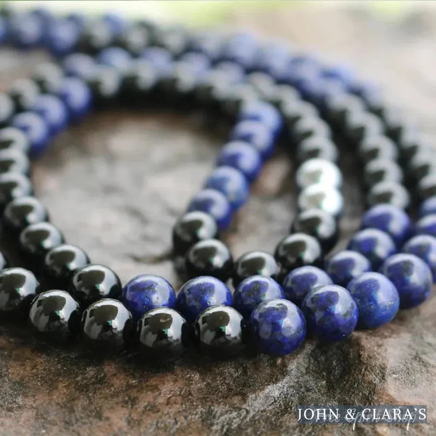 108 Natural Lapis Lazuli & Black Onyx Mala Bead Necklace