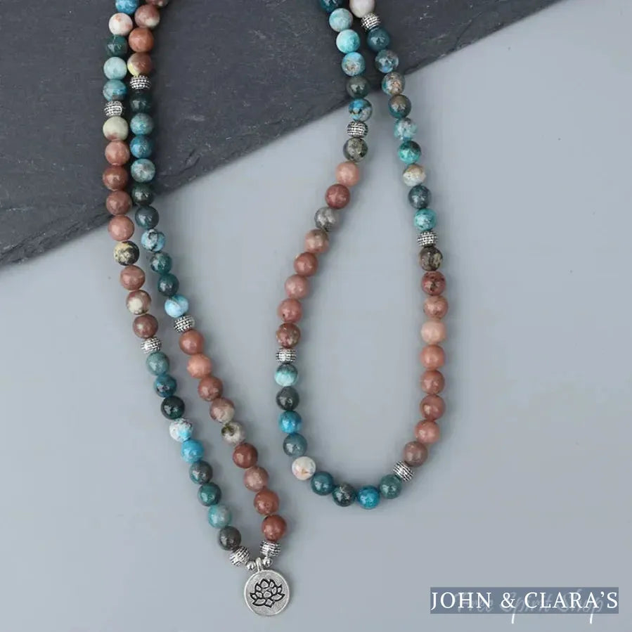 108 Natural Aqua Apatite & Red Stone Mala Bracelet