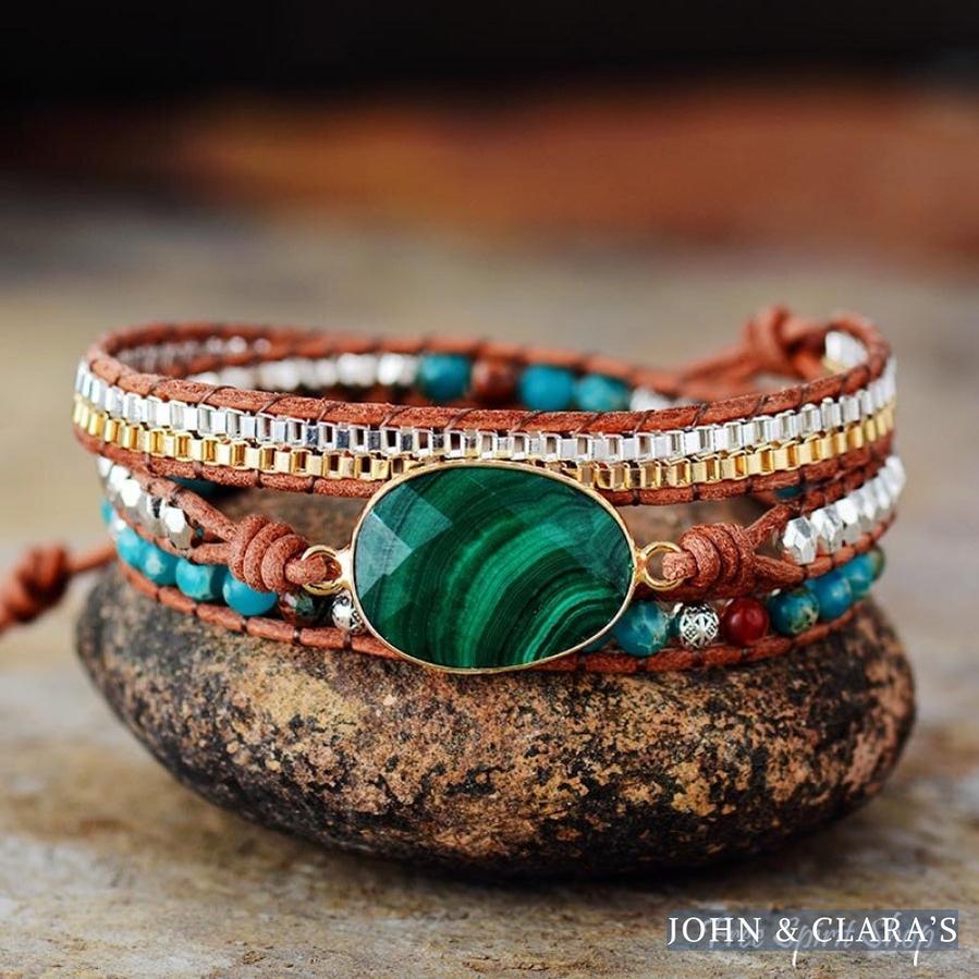 Handmade Malachite & Chain Beaded Wrap Bracelet