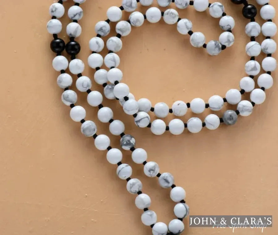 108 Natural Howlite & Black Onyx Mala Bead Necklace
