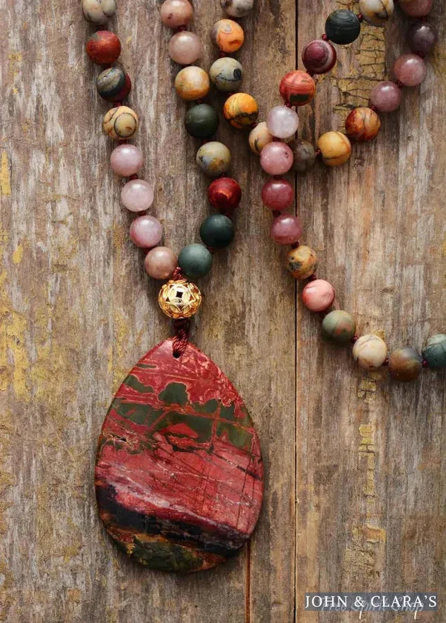 Natural Red Jasper & Pink Jade Beaded Necklace