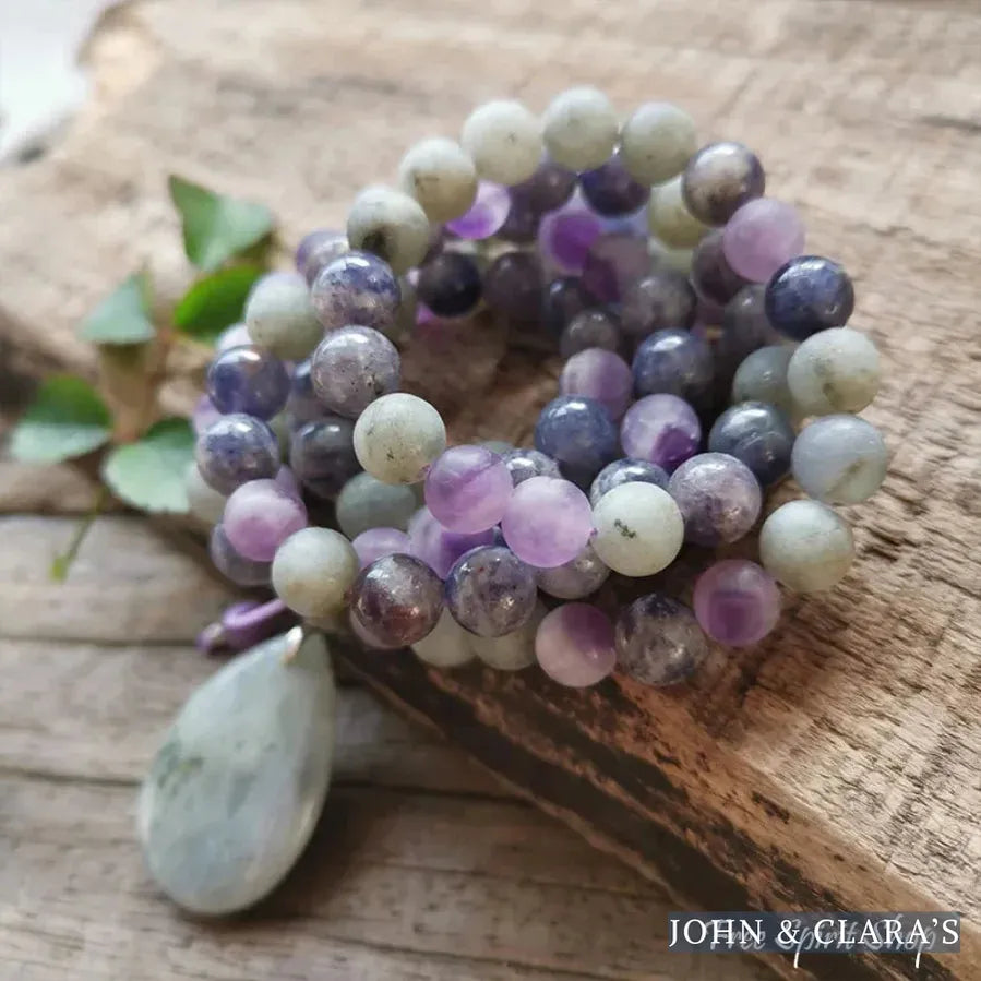 108 Natural Cordierite Amethyst & Labradorite Mala Bead Necklace