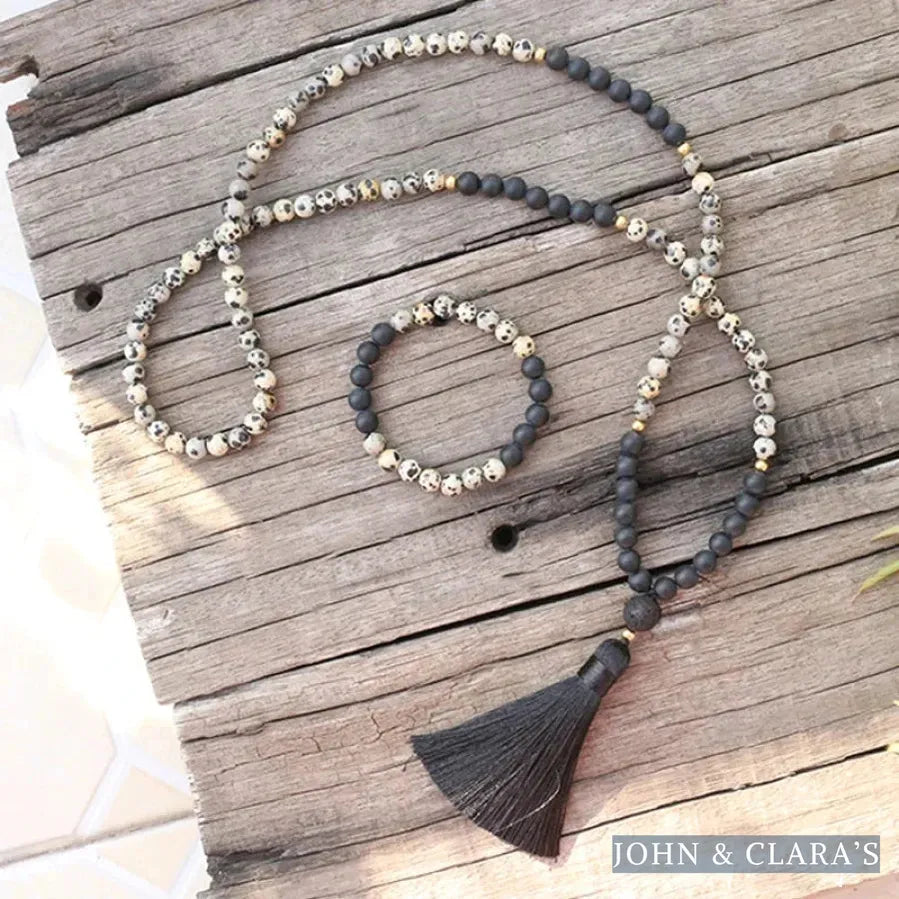 108 Natural Dalmatian Jasper Black Onyx & Lava Stone Mala Beads / Bracelet