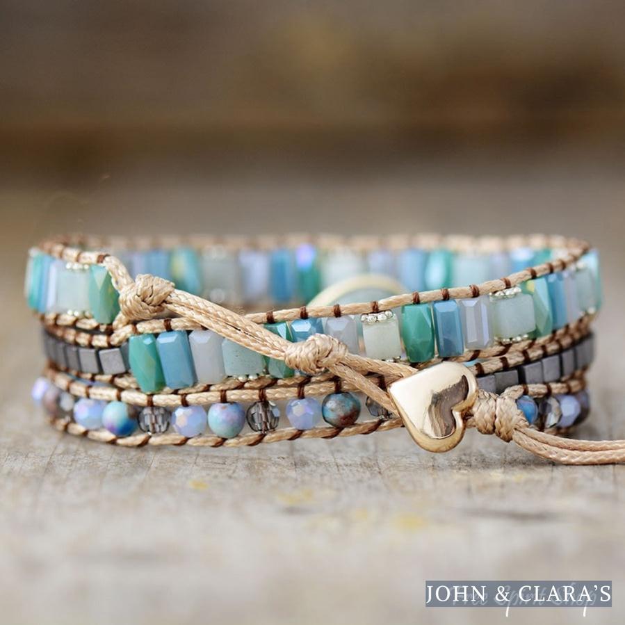 Natural Amazonite Drop & Crystal Bead Wrap Bracelet