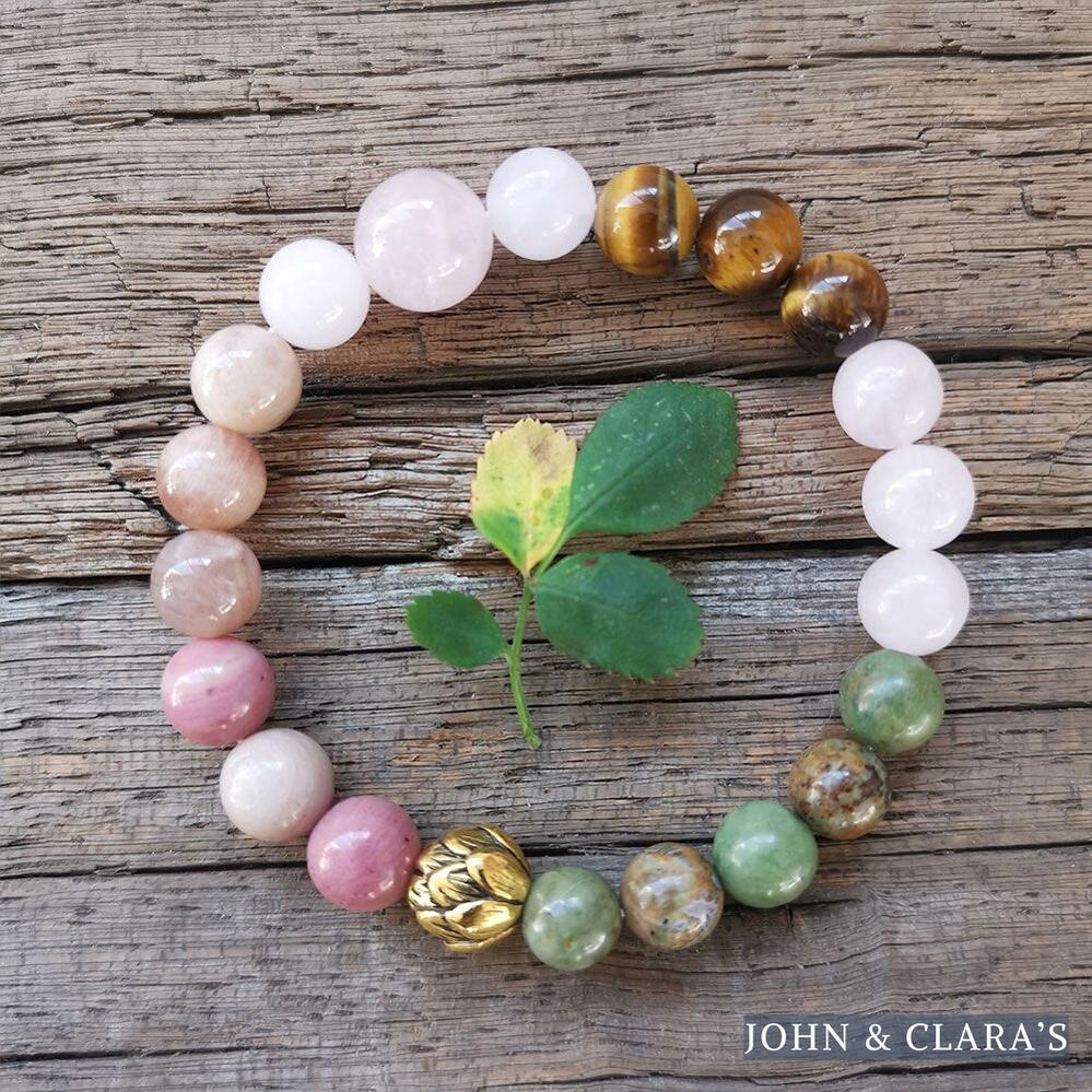 Natural Rose Quartz African Turquoise Tiger Eye Sunstone & Rhodonite Bead Bracelet