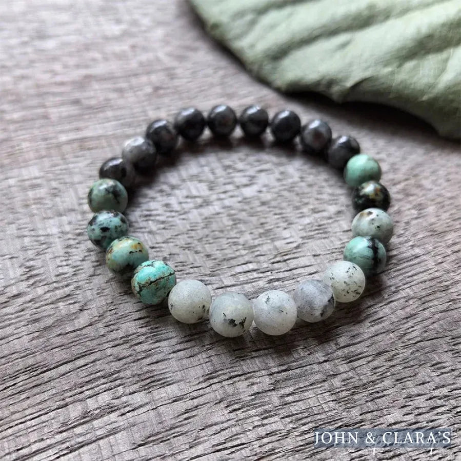 108 Natural Black Labradorite & African Turquoise Mala Bead Necklace