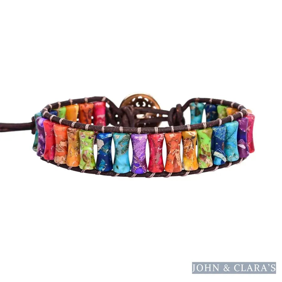 7 Chakra Jasper Tube Bead Leather Bracelet