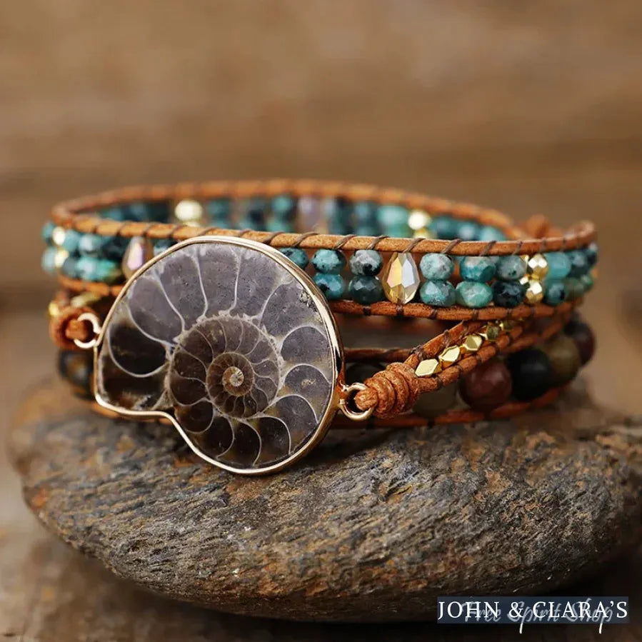 Natural Ammonite Fossil Jasper & African Turquoise Wrap Bracelet