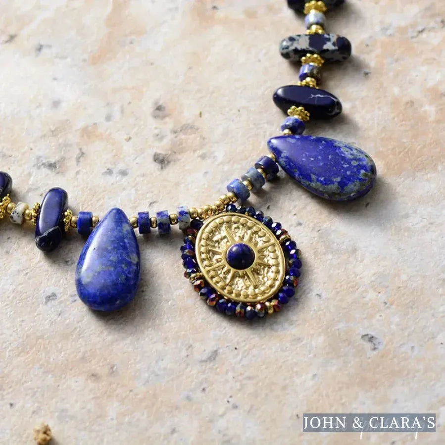 Handmade Lapis Lazuli & Blue Jasper Sun Pendant Necklace