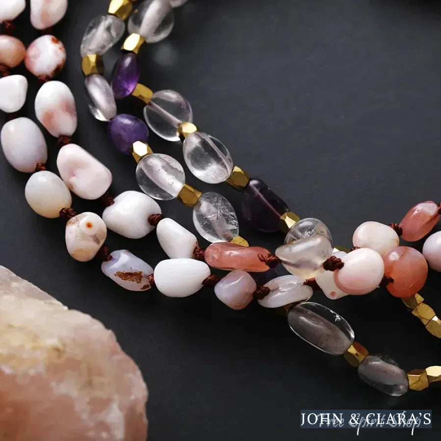 Natural Pink Opal Amethyst & Rose Quartz Gemstone Necklace
