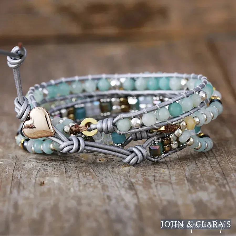Natural Amazonite & Hematite Multi-Row Beaded Wrap Bracelet