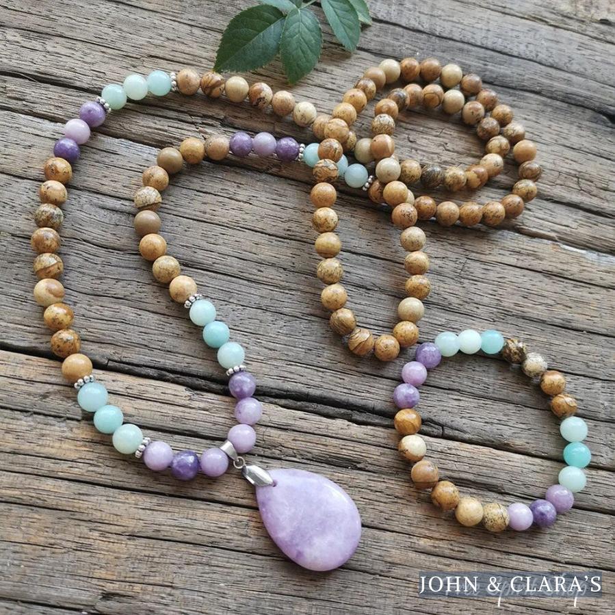 108 Natural Picture Jasper Amazonite & Lepidolite Mala Bead Necklace